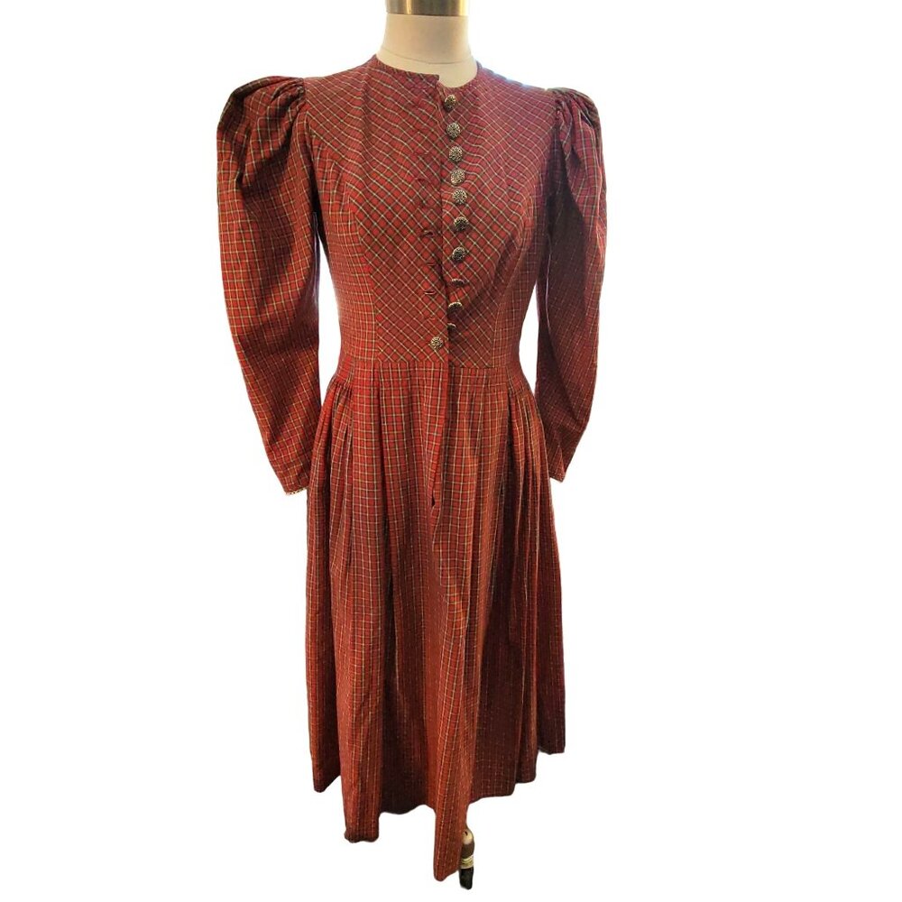 Vintage Hoefer Prairie Dress Red Green Plaid Long Sleeve Buttons Size 8 jj3615